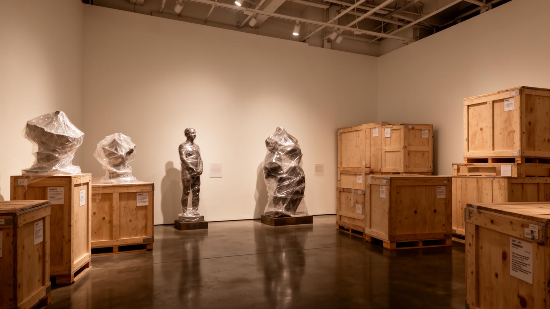 SoHo gallery storage with wrapped sculptures and crates